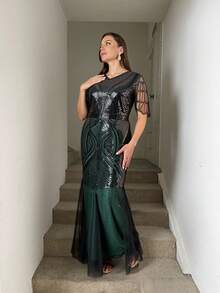 JINLICX Elegant Party Dress, Fitted Mesh Sequin Gown, Formal Evening Dress - Green - View 2
