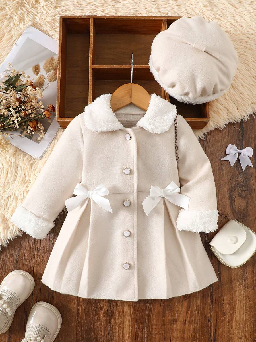 2 件女婴优雅纯色仿毛领外套，配贝雷帽和蝴蝶结装饰，秋冬保暖 - 杏色 - 查看 1