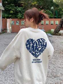 女式休闲宽松图案印花灰色圆领运动衫，秋季 - 灰色 - 查看 2