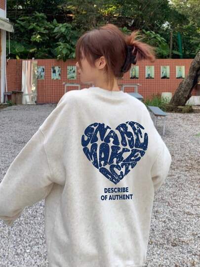 女式休闲宽松图案印花灰色圆领运动衫，秋季