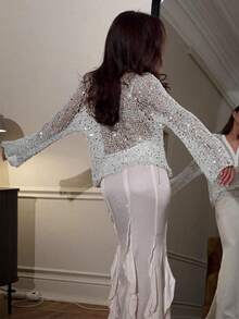 Yuwenier Sexy Deep V-Neck Hollow See-Through Sequin Crochet Batwing Sleeve Loose Cover Up, Suitable For Outings, Parties, Summer Vacation, Beach, Music Festivals, Halloween, Etc. Women's Spring - Silver - View 2