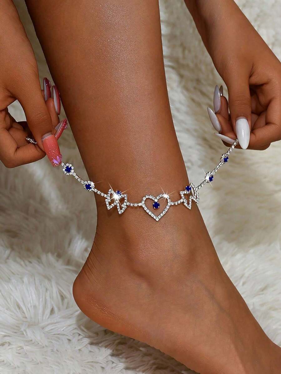 1pc Fully Rhinestone Heart & Butterfly Anklet, Personalized Jewelry For Women Beach Holiday Daily Wear