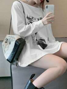 2025 Spring/Autumn New Women Casual Long Sleeve Loose Printed Tank Top T-Shirt - White - View 5