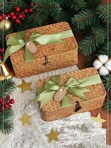 1pc Handmade Woven Gift Box, Rectangular/Square Creative Candy Box, Woven Gift Box With Lid, Gift Box With Tag And Ribbon, Gift Box For Presents, Holiday Gift Packaging Box, Christmas Decoration - Multicolor - View 3
