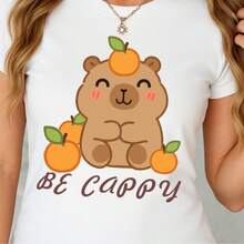 Camiseta casual con estampado, capibara capybara ( BE CAPY ) sé feliz mandarinas tangerines , para mujer ajuste regular manga corta playera cuello redondo, blusas gráficas para mujer - Blanco - Ver 2