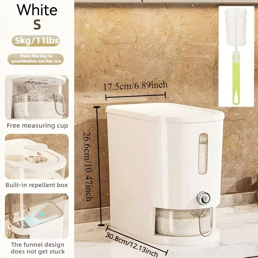 RAINWHISPER Elegant Rice Dispenser With Measuring Cup, Upgraded Built-In Insect Repellent Box, Covered Sparrow Dispenser Storage Multi-Functional Plastic Rice Container, Suitable For Home Kitchen Meal Storage Box, Reusable, Lockable, Rectangular Shape