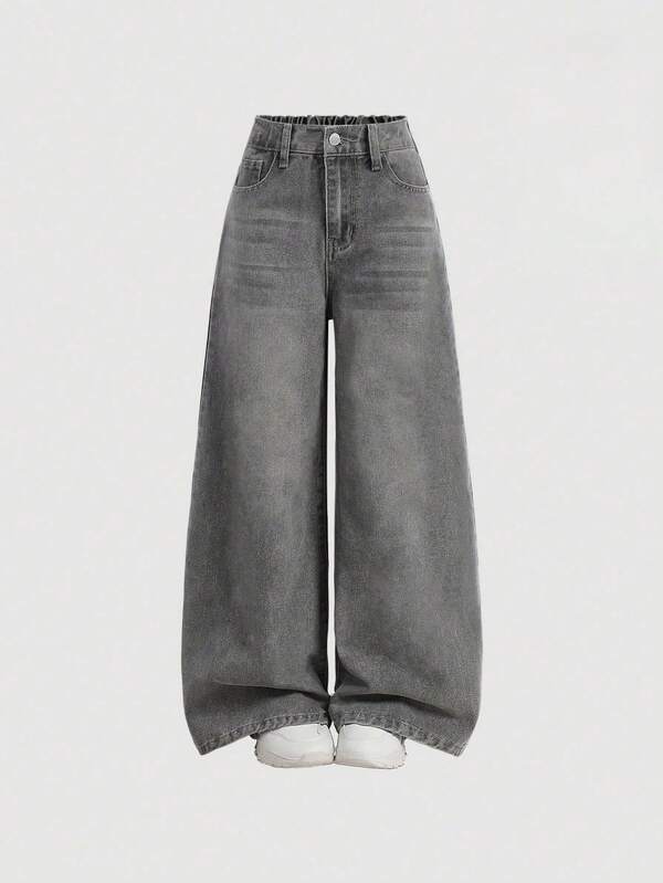 Teen Girl Street Style Baggy Retro Y2K Elastic Waist Jeans, K-Pop Inspired