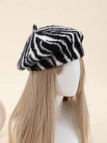 1pc Casual Faux Fur Zebra Striped Beret Hat, Vintage Thick Pattern, Soft & Fluffy, Suitable For Gifts And Daily Wear, Autumn/Winter