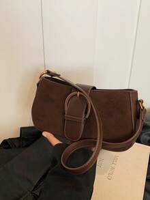 Women Retro Solid Color Dual Strap Suede Shoulder Crossbody Saddle Bag, Autumn And Winter Hot Women Bag, Suede Purse, Newest Fashionable Suede Bag For Women - 咖啡棕 - 查看 4