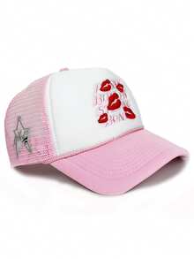1pc Men's Lip Embroidery Trucker Hat With Star Mesh, Fashionable Outdoor Sun Protection Baseball Cap For Spring, Autumn Travel, Beach Holiday - Multicolor - View 14