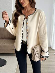 Autumn And Winter Casual Knitted Contrasting Edge Women's Cardigan, Loose Round Neck Jacket