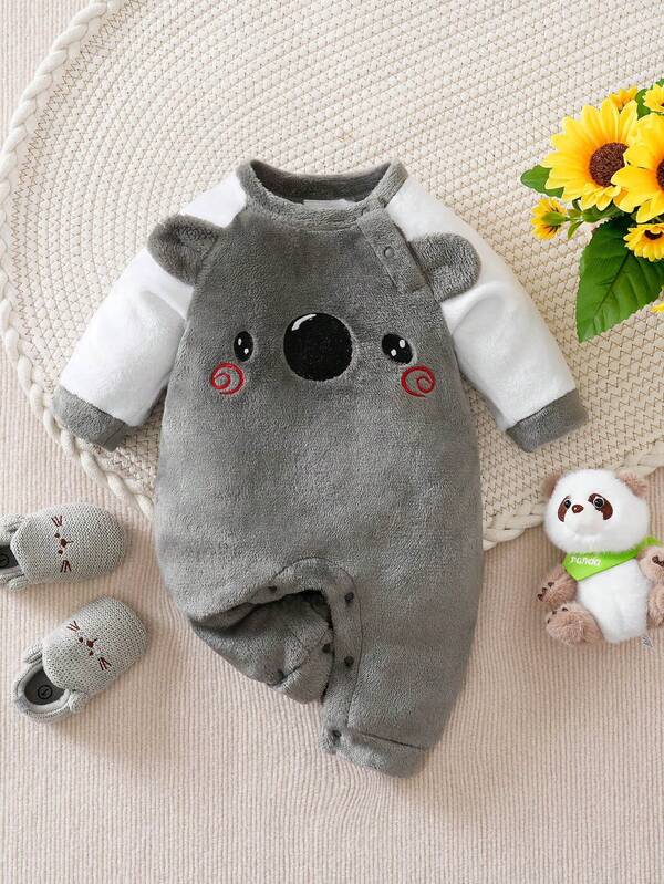 Baby Jungen süßer Koala Ohrenhörner Design Fleece gefütterter Langarm-Romper, Herbst/Winter