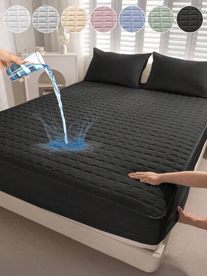 1 pieza Sábana ajustable impermeable, ropa de cama, sábana, funda de colchón, sábana suave y cómoda, sábana ajustable de unicolor a cuadros, estilo minimalista para decoración del hogar, sábana ajustable para cama individual, doble, king, queen, apta para todas las estaciones, lavable a máquina, decoración de otoño, decoración de habitación, vuelta al colegio, útiles escolares, negro