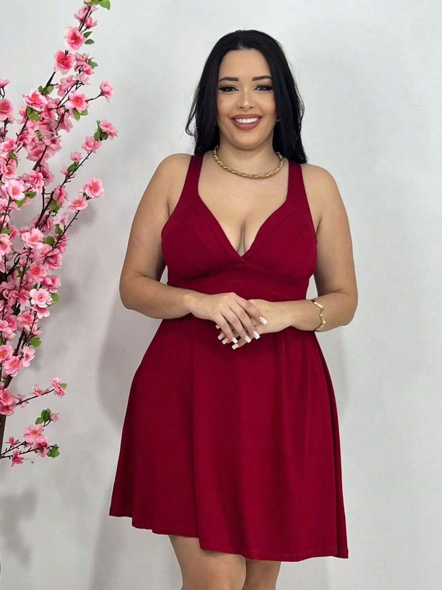 Women's PLUS SIZE Dress 2191 Asa Bela Fitted With Cup And Wide Straps - VISCOLYCRA Fabric - Various Colors - Fresh, Summer, Party, Work, Church, Office, Elegant, Excellent Quality, Maximum Comfort, Perfect Fit - 紅色 - 查看 1