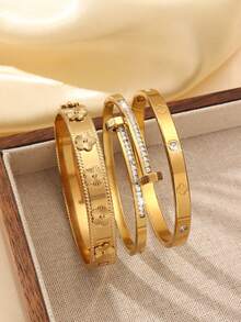 ZNICE 3pcs/Set 18k Gold Plated Stainless Steel 5-Leaf Flower Bangle Bracelet, Shiny Nail Bracelet, Waterproof & Fade-Resistant, Suitable For Daily Wear, Parties, Gifts For Women, Relatives, Friends - Gold Style 6 - View 11