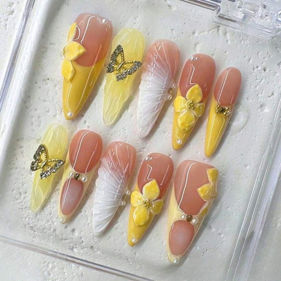 10 PCS Handmade 2025 Press - On Nails | SunnyButterfly Acrylic Nail Art With Yellow - Pink Hues And Pearl Details - 黃色 - 查看 1