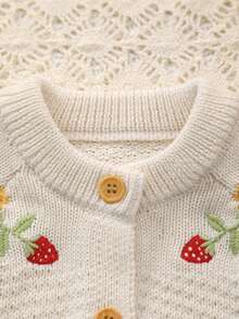 Handmade Knitted Strawberry Pattern Crew Neck Sweater For Baby Girls - Apricot - View 3
