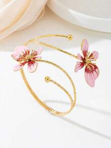 1pc Iron Alloy Double-Enamel Glazed Floral Open Bangle, Minimalist And Elegant Design, Suitable Mother's Day, Parties, And Everyday Wear ERDT - Vàng - Xem 3