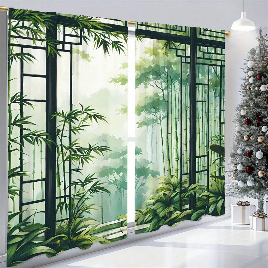 2D Flat 2Pcs Bamboo Forest Curtain Panels, Asian Zen Garden Inspired Design, Rod Pocket Drapes, Light Filtering Semi-Sheer Window Treatment For Living Room Bedroom Kitchen, Tropical Botanical Nature Style Decor, Machine Washable Fade Resistant Tree Green Curtains Oriental Japanese Leaves Digital Print Home - Nhiều màu - Xem 1