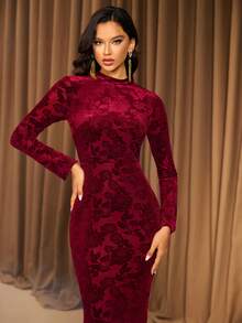 Wine Red Elegant Long Sleeve Velvet Jacquard Maxi Party Evening Dress