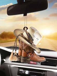 1 pieza Colgante decorativo de acrílico 2D - Accesorios de sombrero blanco, bota y coche para espejo retrovisor interior, adorno colgante de bota y sombrero de vaquero 2D, accesorios colgantes para espejo retrovisor de coche, llavero y bolsas, regalo festivo, decoración colgante para interior de coche (estilo de cadena aleatorio sobre el llavero) - Dorado - Ver 2