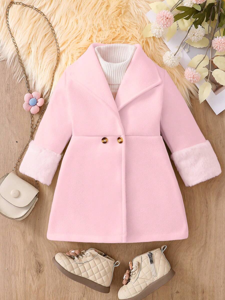 女婴时尚柔软纯色长款风衣夹克，休闲秋冬外套 - 粉色 - 查看 1