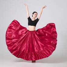 Długa rozkloszowana spódnica damska z koła - satynowa rozkloszowana spódnica w stylu boho vintage w kształcie litery A, do tańca, na imprezę, na co dzień (na cztery pory roku, na co dzień, w stylu sukni balowej)