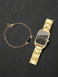 4pcs/Set Women's Fashion Casual Square Minimalist Scale Dial Quartz Wrist Watch + Heart Charm Bracelet, No Watch Box Included