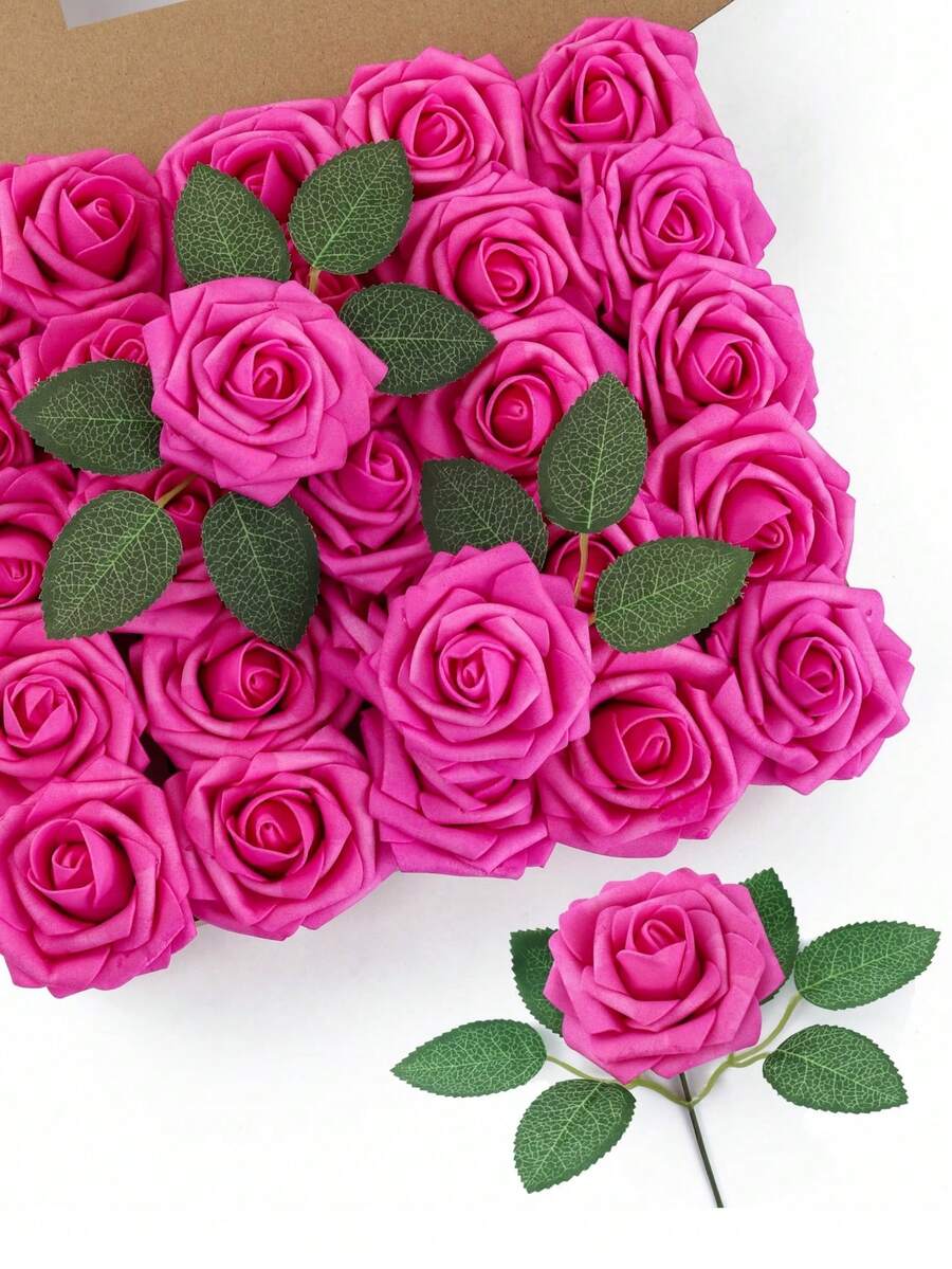 25 件热粉色人造玫瑰花仿花真实触感泡沫人造花适用于 DIY 婚礼花束婴儿淋浴中心装饰插花派对家居装饰、新娘花束拱门装饰、万圣节感恩节圣诞节花园装饰、DIY 花环圣诞树装饰用品，适合女性女孩礼物（无盒） - 玫紅色 - 查看 1