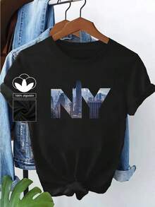 Camiseta casual negra para mujer, 100% algodón, con estampado del horizonte de Nueva York, camiseta casual y cómoda de manga corta con cuello redondo, ropa de primavera y verano, adecuada para cualquier ocasión, color sólido, casual, uso diario. - Negro - Ver 1