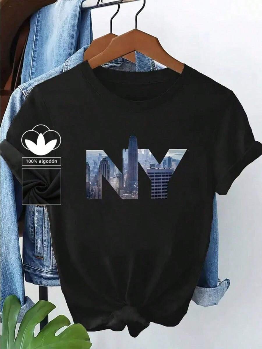 Camiseta casual negra para mujer, 100% algodón, con estampado del horizonte de Nueva York, camiseta casual y cómoda de manga corta con cuello redondo, ropa de primavera y verano, adecuada para cualquier ocasión, color sólido, casual, uso diario. - Negro - Ver 1