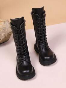 1 双女童时尚、可爱、优雅、校园风圆头侧拉链靴 - 黑色 - 查看 3