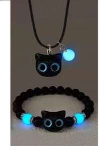A Set Of Cute Glow-In-The-Dark Cat Bead Bracelet And Necklace, Perfect For Daily Wear, Couples, Parties, And As Gifts For Anniversaries And Holidays Cute Acrylic Black White Cat Couple Bracelet Necklace Glow In The Dark Bead Bracelets For Women Men Girls Boys Cute Big Eye Cat Luminous Bracelets