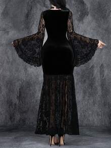 女士哥特性感复古暗黑万圣节浪漫蕾丝拼接天鹅绒V领交叉女巫袖角色扮演派对连衣裙，带弹力 - 黑色 - 查看 3