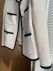 Women's Classic Regular Jacket, Tweed Fabric, Long Sleeve V-Neck Design, With Pockets And Black Trim Details, Non-Stretch