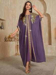 女士纯色方领优雅连衣裙，饰有缎带、串珠、蕾丝和贴布细节，搭配开衫，适合日常穿着和各种场合，优雅柔美，充满春日气息。 - 紫色 - 查看 4