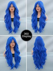 7JHH WIGS Gorgeous 28-Inch Extra Long Wavy Dark Blue Wig For Women, Fluffy Wave Curly Wigs With Curtain Bangs, Synthetic Fiber Hair Full Machine Wigs For Music Festival Party Wear, Halloween Cosplay Costume Use All-Match Fashion Accessories - 藍色 - 查看 6