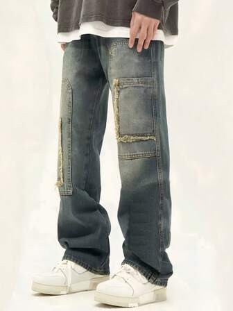 Jeans vintage lavados con bolsillo retro para adolescentes varones, pantalones vaqueros de pierna recta holgada, nueva llegada de primavera y otoño 2025, para chicos adolescentes grandes