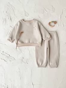 2pcs/Set Baju Bayi Laki-laki Kasual Lengan Panjang Kerah Bulat Bahan Fleece dengan Bordir Bunga, Musim Gugur/Musim Dingin - Aprikot - View 8