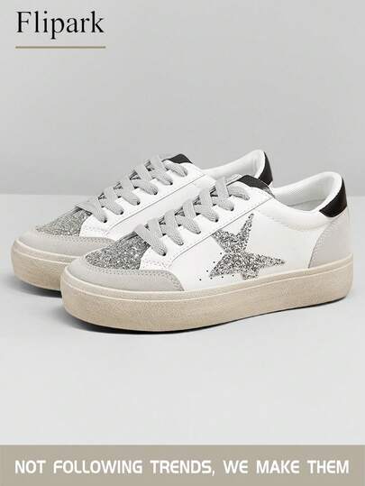 Flipark 1 Pair Women's Vintage Style Lace-Up Sneakers, Front Lace-Up With Silver Glitter Star Patchwork Leather Low-Top Casual Dirty Shoes