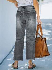 Comfortable Loose Fit Stretchy Distressed Washed Blue Frayed Hem Straight Leg Jeans For Women, Street Style