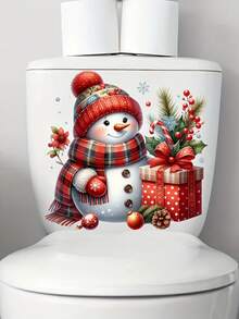 1pc Festive Snowman Toilet Lid Decal PVC Self-Adhesive Festive Snowman Toilet Seat Sticker Square Shape With Holiday Garland, Berries & Presents Design Perfect 11.61*11.61in For Bathroom Decor Christmas Seasonal Toilet Decor Bathroom Ceramic Decoration Wall Stickers Wall Sticker Wall Decor Stickers Home Decor Christmas Decorations Christmas Decorations Home - Multicolor - View 6