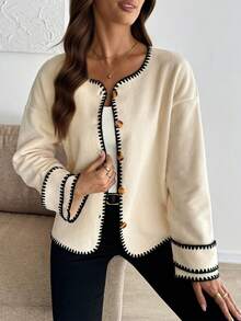 Autumn And Winter Casual Knitted Contrasting Edge Women's Cardigan, Loose Round Neck Jacket