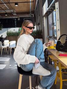 Korean Style Casual Loose Solid Color Round Neck Long Sleeve Versatile Knit Sweater - White - View 2