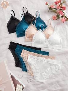 4件套女士法式蕾丝浪漫真丝V领文胸套装，舒适柔软罩杯，轻盈透气，经久耐用，性感三角罩杯文胸套装内衣 - 彩色 - 查看 2