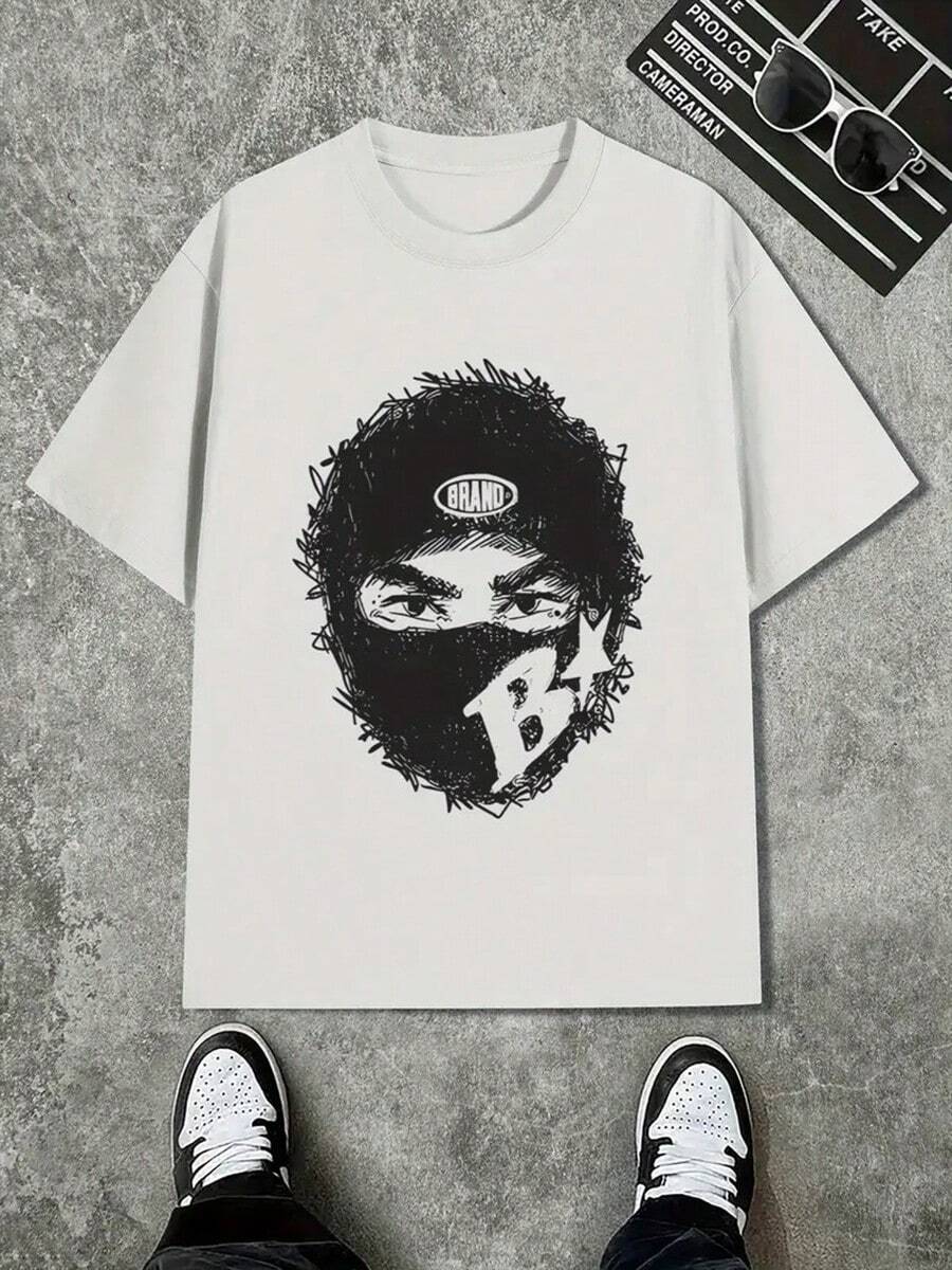 Y2K Streetwear Graphic Print T-Shirt - Light Green With Black Artwork, Breathable Loose Fit Crew Neck Short Sleeve, Unisex Casual Sporty Top For Spring Summer Casual Attire, Comfortable Streetwear,Halloween Costumes,Streetwear,Summer Outfits,Thanksgiving Day,Christmas,Halloween Shirt,Men Graphic Tees,Streetwear Men - 白色 - 查看 1
