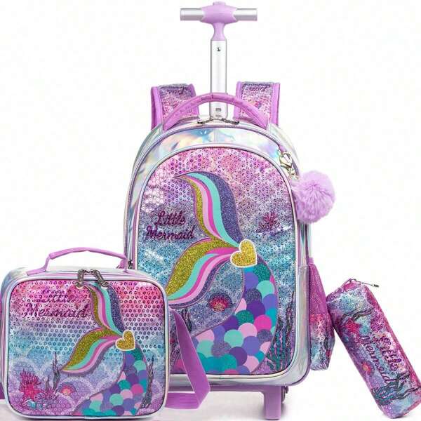 3PCS Cute Sequin Rolling Backpak For Girls And Boys Backpack For Primary School Backpack With Lunch Bag And Pen Bag The Best Gift For Girls And Boys Back To School(The Pattern On The Pencil Case Will Be Randomly Shipped)