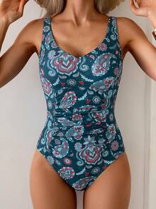 Tummy Control One Piece Swimsuit With Ruched Design - Peacock Green Floral Print - View 9