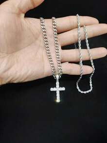 2pcs Set Of Men's Rhinestone-Decorated Cuban Twist Chain Necklace With Cross Pendant, Fashionable And Versatile Accessory For Men And Women, Perfect For Holiday Gifts
