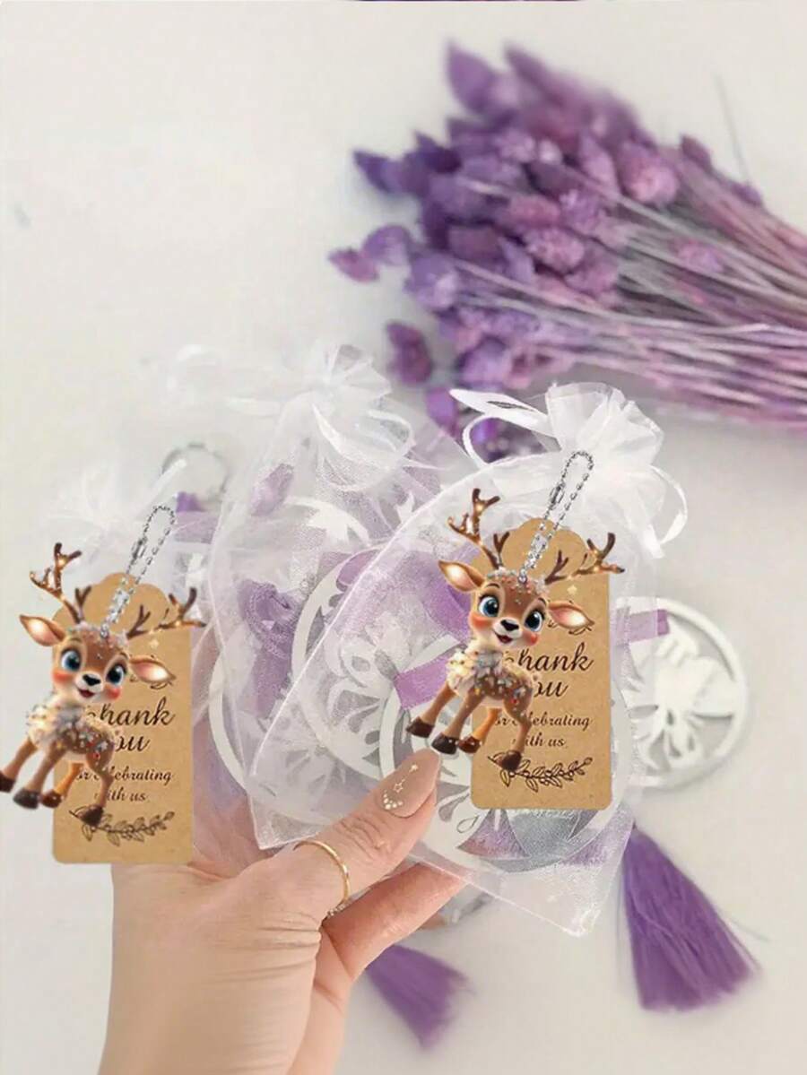 Set de 15 piezas de llaveros de reno de dibujos animados, incluye 5 llaveros de reno, 5 bolsas de organza y 5 tarjetas de agradecimiento, adecuado para fiestas de Navidad, bodas, cumpleaños, aniversarios, despedidas de soltero, vacaciones y fiestas, una opción perfecta para amigos y familiares